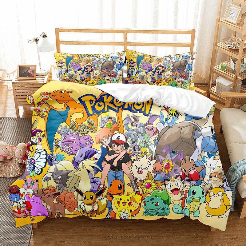 Pokemons Cartoon Anime Bedding Set Kawaii Pikachu Gengar Eevee Charizard Quilt Duvet Cover Pillowcase Kid Bed Set Twin King Size