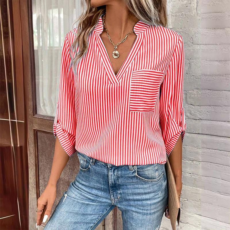 Dámský svetr s výstřihem do V, pruhovaným potiskem a dlouhým rukávem, ležérní košile