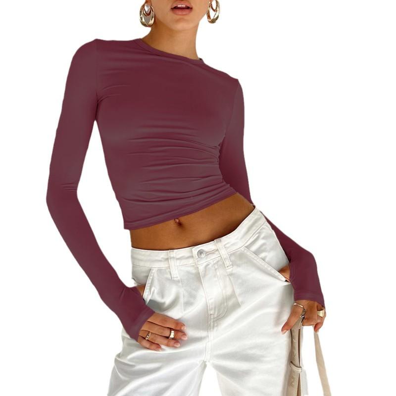Womens Slim Fit Solid Color Crew Neck Long Sleeve T-Shirt Casual Streetwear Top