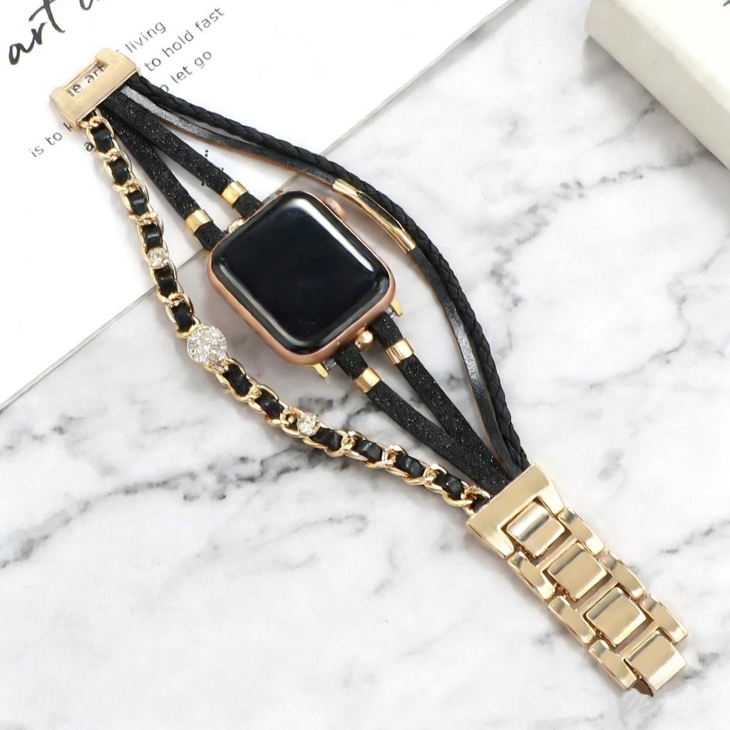 Bling Weave Armband Riemen Lederschlaufe Für Apple Watch Band Damen Serie S11 10 9 8 40mm 41mm 38mm 42mm 44mm 45mm 46mm