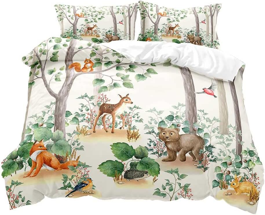 Cartoon Forest Animals Duvet Cover Queen King Size Double Bed Children Boy Bedding Bear Deer Fox Rabbit Country Cottage 3 Pcs
