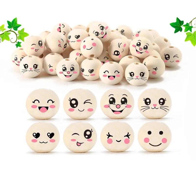 12 Styles Wooden Beads with Face 20 mm Smile Face Wooden Bead Natural Wood Beads Round with Hole Pack of 80