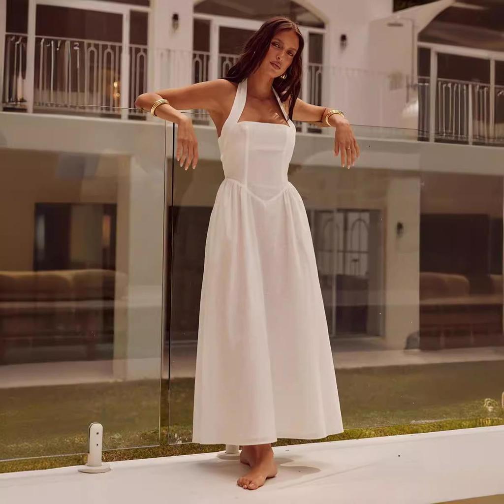 Women Spring Sleeveless Strap Slim Halter Dress Summer Casual Ankle-Length Backless High Waist Pocket Dresses S-XL
