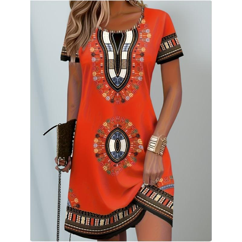 Women's Stretch Dress / Floral Placement Print / Elegant Mini T-Shirt Dress