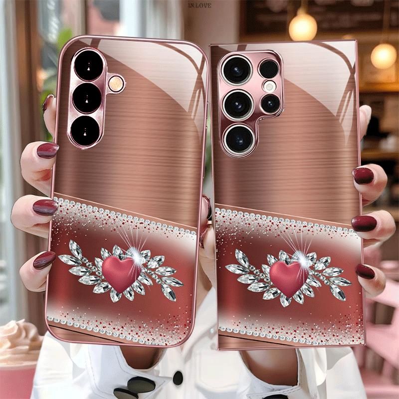 Unique Rose Gold Heart Glass Phone Case Fashion Phone Cases Mobile Phones for Samsung Galaxy S26 S25 S24 S23 S22 FE Ultra Plus