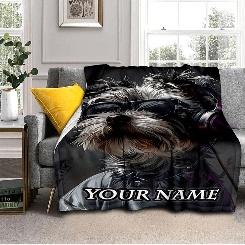 1PC Custom Name Musician Dog Style flannel blanket versatile, all-season throw suitable for the living room, bedroom, camping, travel, and gift
