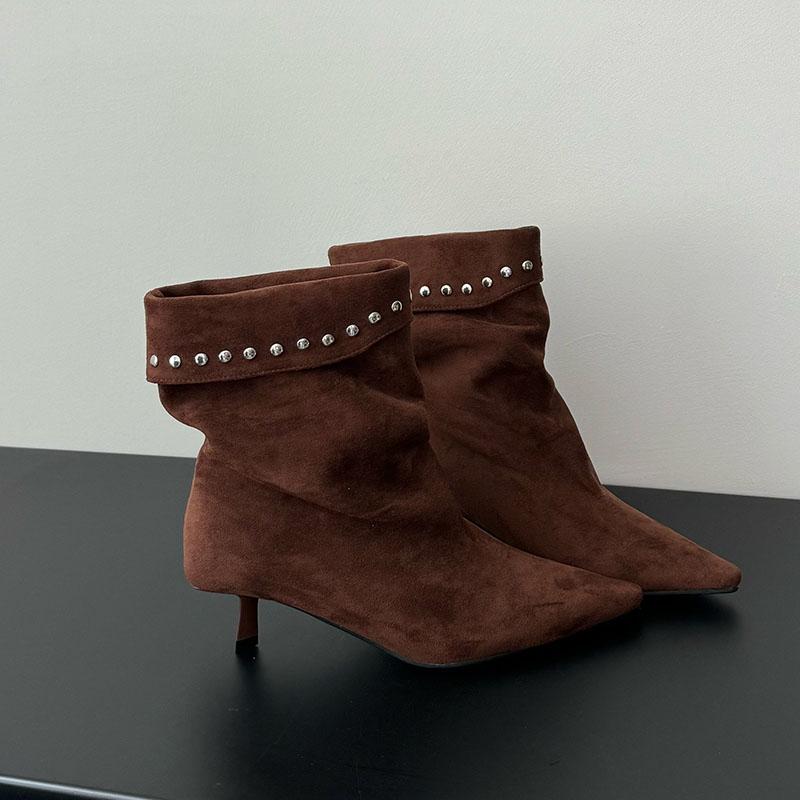 Fashion Female Pointed Toe Ladies Ankle Boots Shoes With Thin Heels Shoes Fashion Metal Rivet Footwear Women Short Boots Pumps