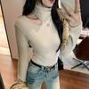 In Stock: Women's White Semi-High Neck Hollow Out Slim Fit Long Sleeve T-Shirt for Autumn/Winter 2026