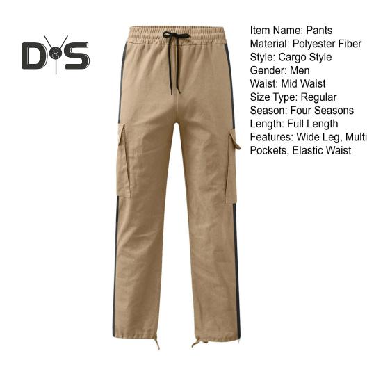 Men Pants with Multi Pockets Drawstring Elastic Waist Wide Leg Loose Cargo Pants Daily Solid Color Sweatpants for Outdoor Hiking Camping