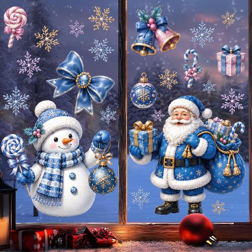 Nové vánoční party dekorace Kreativní zvonky, Sob, Santa Claus, Elektrostatické nálepky, Sněhové vločky, Sněhuláci, Skleněné nálepky