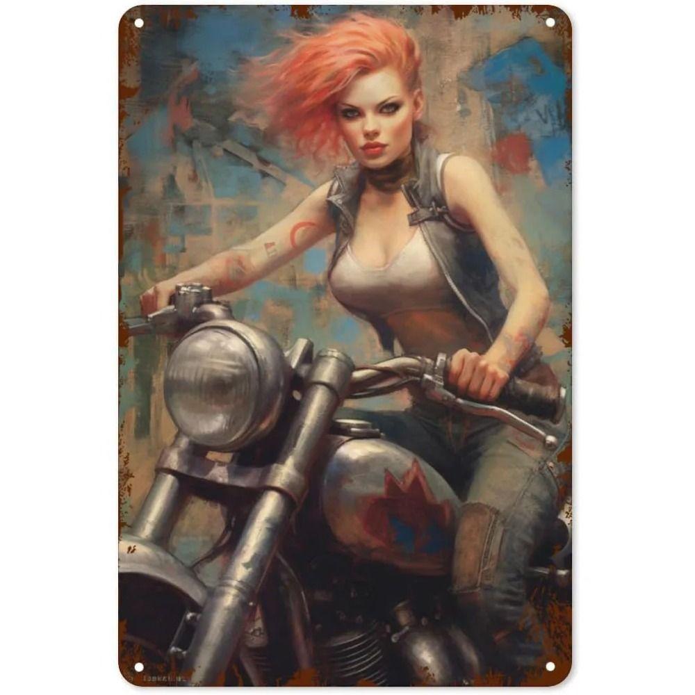 Vintage Motorcycle Girls Metal Tin Sign Garage Bar Decor