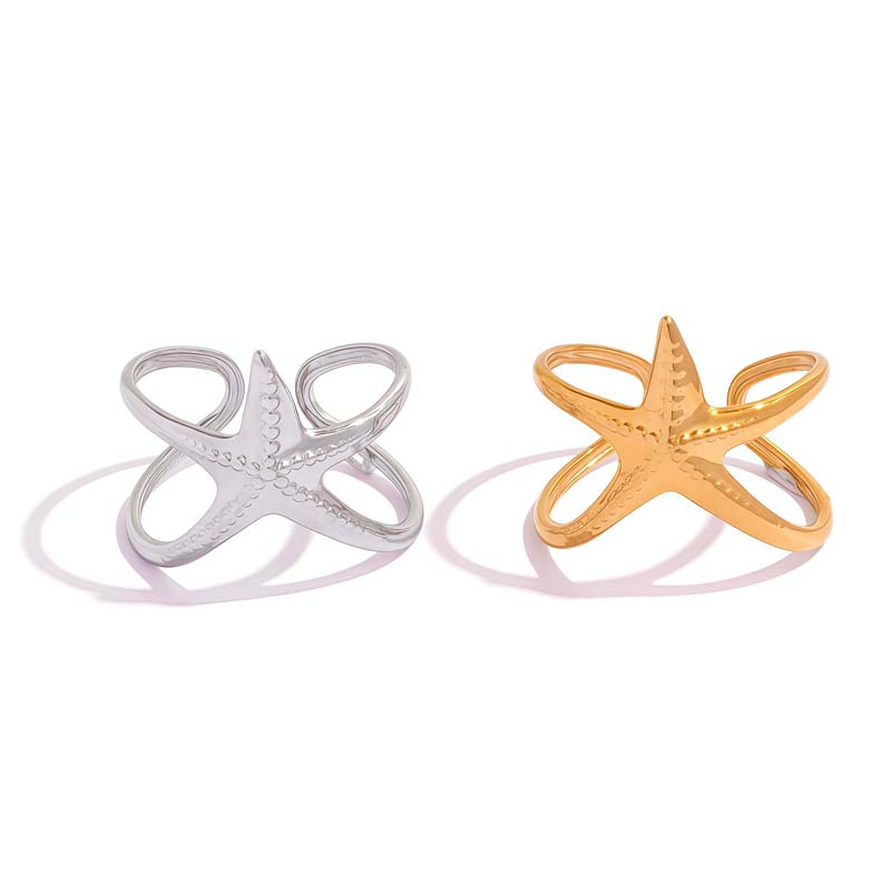 Stainless Steel Gold Color Starfish Open Rings Fashion Metal Hollow Star Adjustable Finger Ring Waterproof Jewelry Gift 2026