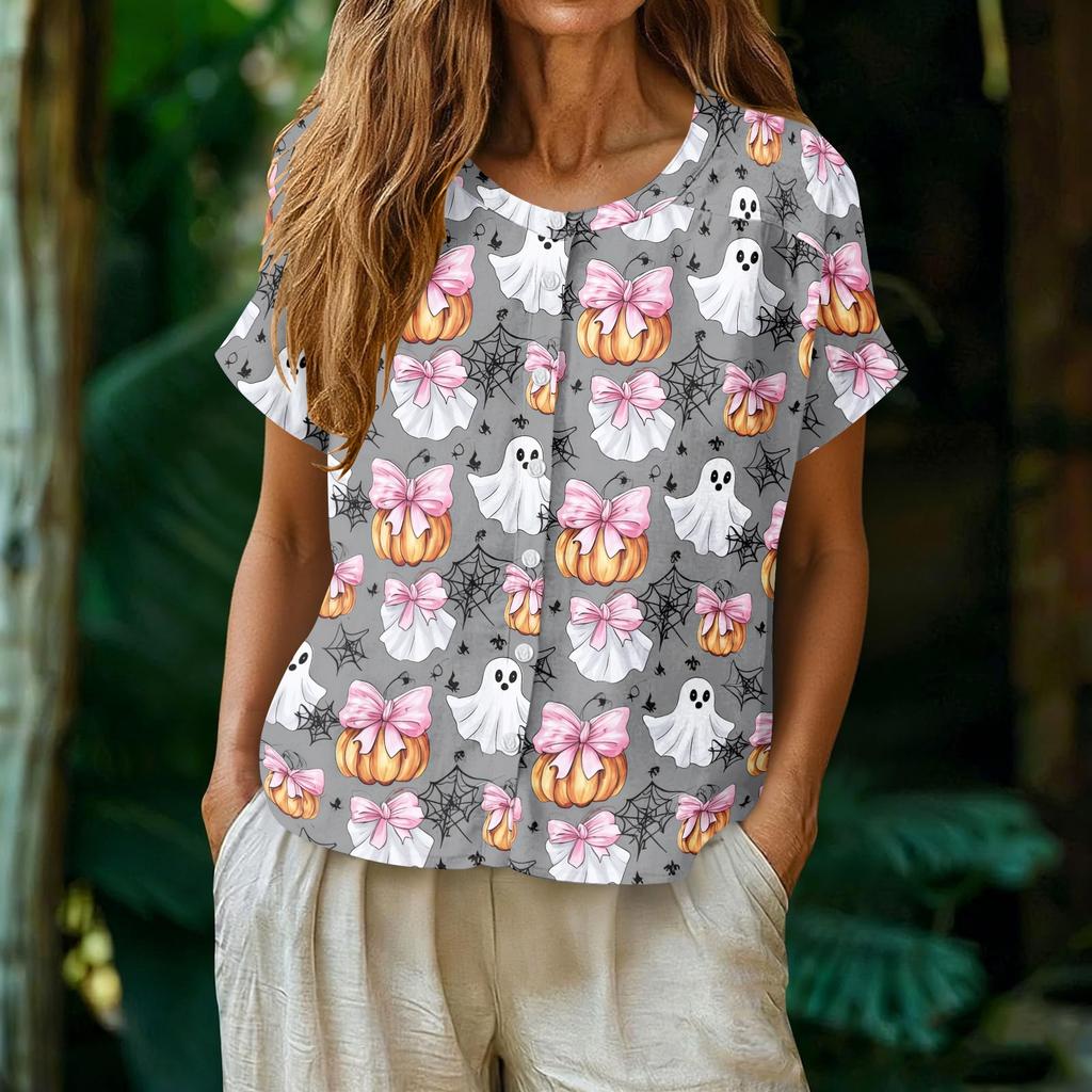 Women's Fashion Henley Neck Single Breasted Shirt Halloween Print Short Sleeve Casual Top Lightweight Blouse