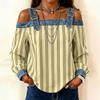 Women's Off Shoulder T-Shirt Long Sleeve Loose Fit Casual Vertical Stripe Tee Top