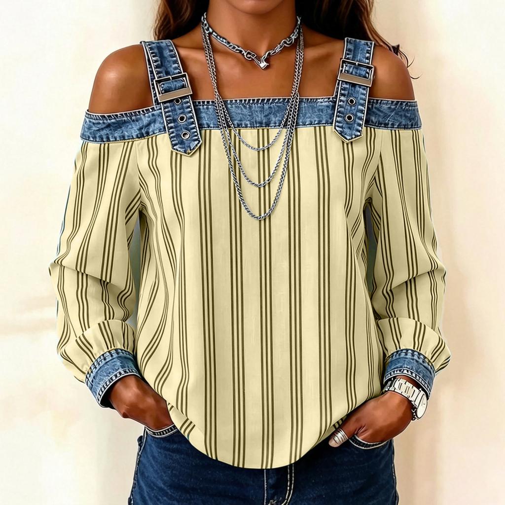 Women's Off Shoulder T-Shirt Long Sleeve Loose Fit Casual Vertical Stripe Tee Top