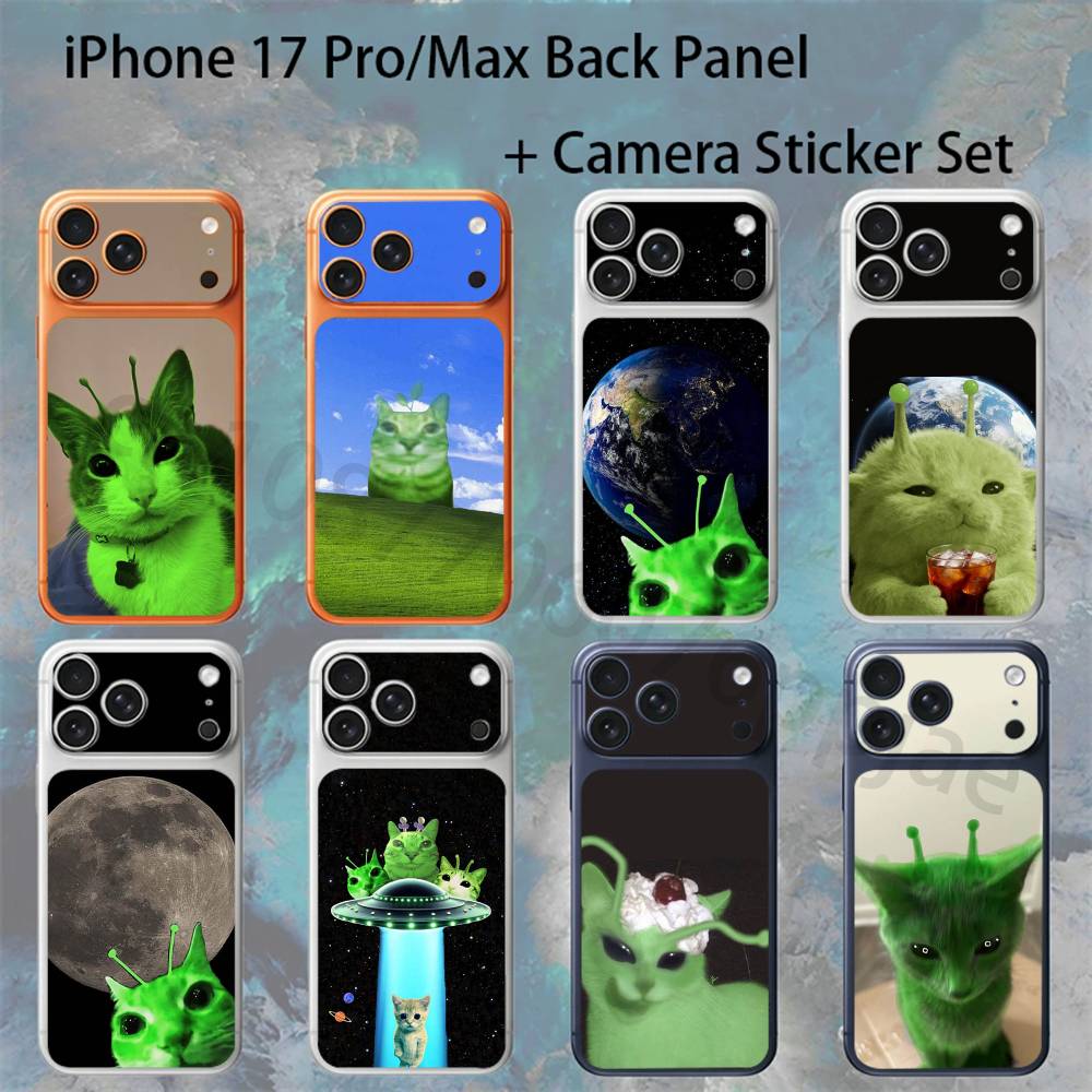 Funny Green Alien Cat For iPhone 17 Pro /Max Battry Back Cover with Camera Decal Skin Rear Protective Sticker Film