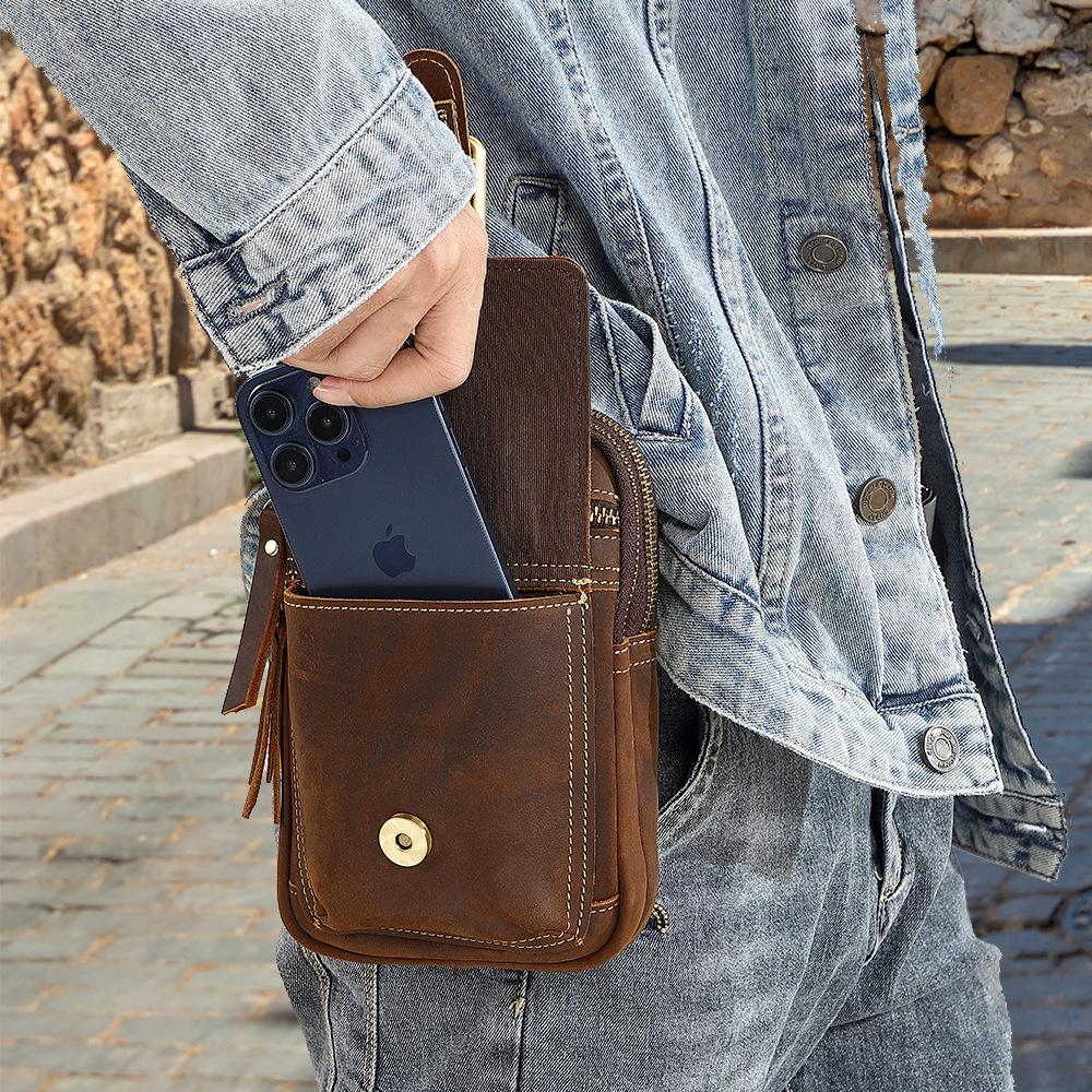 Marsupio da Uomo in Vera Pelle, Pelle di Mucca per il Lavoro, Borsa da Cintura Resistente all'Usura, Custodia per Cellulare, Piccola Borsa Multifunzionale