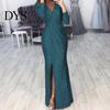 A-Linie Silhouette Cocktailkleid Damen Abend Deep V-Ausschnitt Pailletten-Dekor Lange Ärmel Elastische Taille Plissiert Hohe Absätze Kombinieren Geschlitzter Saum Uni