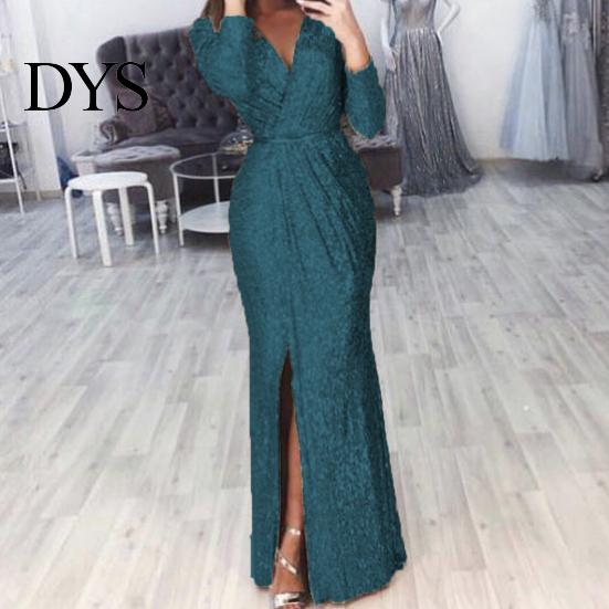 A-Linie Silhouette Cocktailkleid Damen Abend Deep V-Ausschnitt Pailletten-Dekor Lange Ärmel Elastische Taille Plissiert Hohe Absätze Kombinieren Geschlitzter Saum Uni