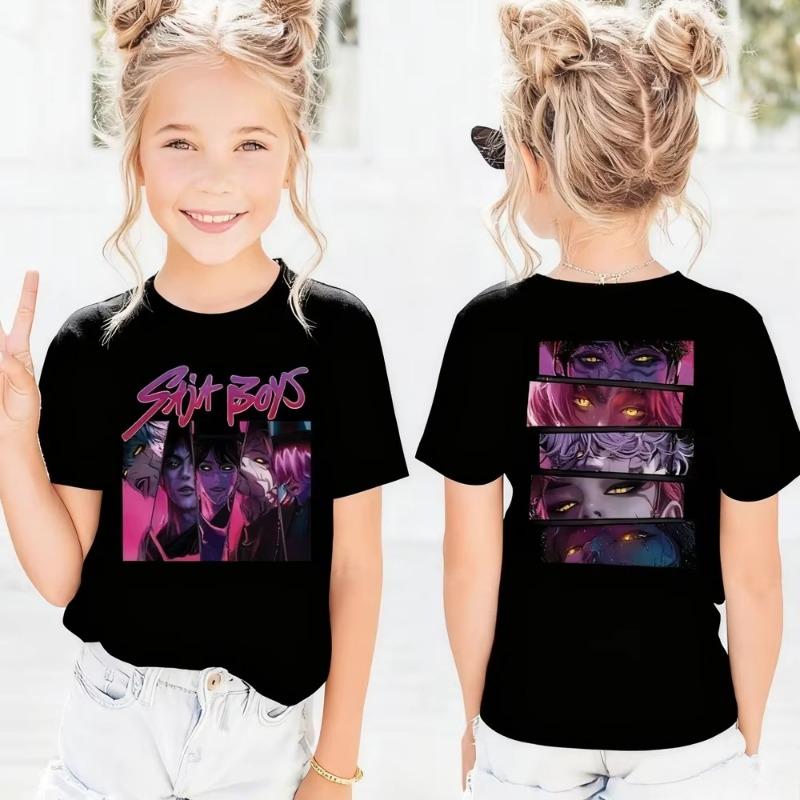 Summer Girls Casual T Shirts Fashion Printed Children's Short Sleeve Tops Kids Breathable Comfy Outdoor Tee Black Pink White