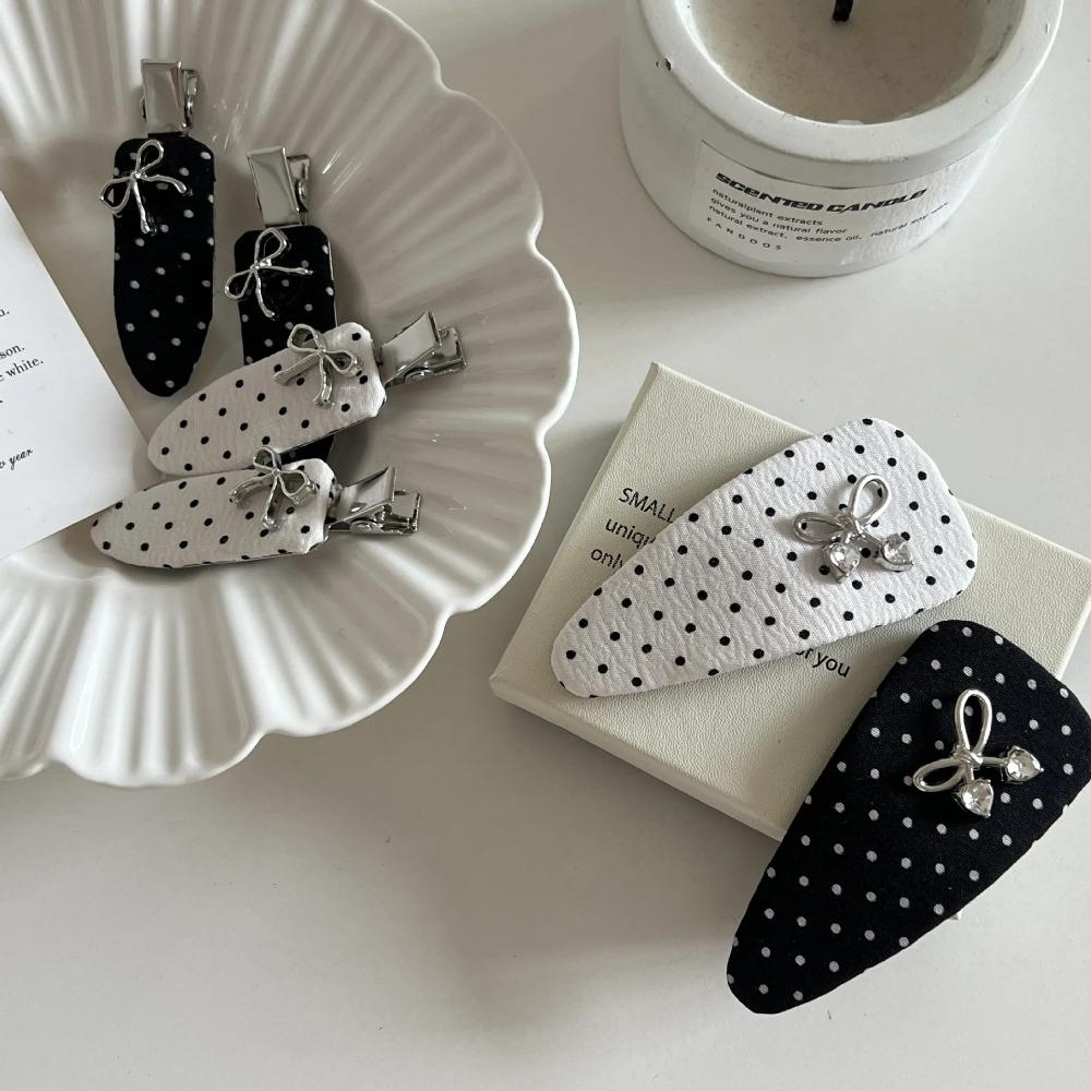 Korean Bow, Simple Versatile Design Hairpin Bb Clip 2pcs Black White Polka Dot Bow Hairpin High-end Temperament