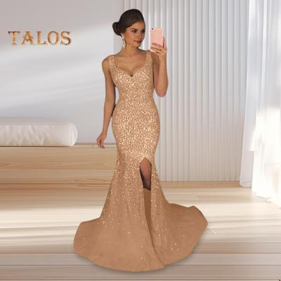 Women Evening Dress Deep V Neck Split Hem Sequin Skinny Fishtail Hem Back Zipper Closure Sleeveless Prom Cocktail Party Dress Floor Length Ball Gown