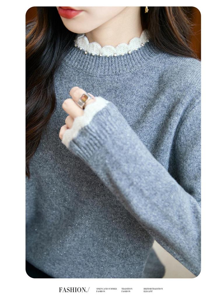 Women's Versatile Crochet Wool Sweater with Half-High Collar - Slimming and Stylish Base Layer Top