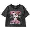 Sweet Heart Rabbit Cartoon Printing Female Washed Short T-Shirt Summer Cool T Shirts Distress Midriff-Baring Clothes