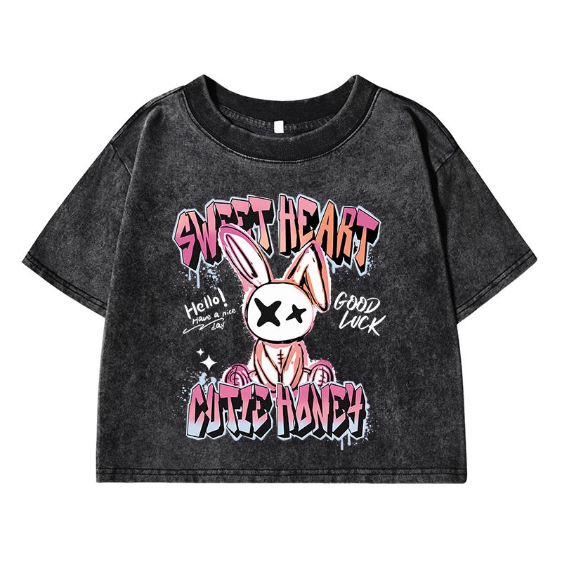 Sweet Heart Rabbit Cartoon Printing Female Washed Short T-Shirt Summer Cool T Shirts Distress Midriff-Baring Clothes