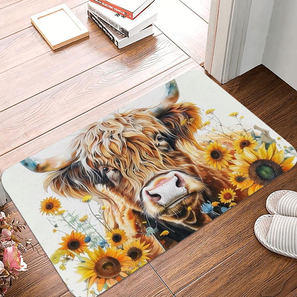 Floral Highland Cow Doormat Anti-slip Carpet for Kitchen Living Room Machine Floor Mat Washable Rug