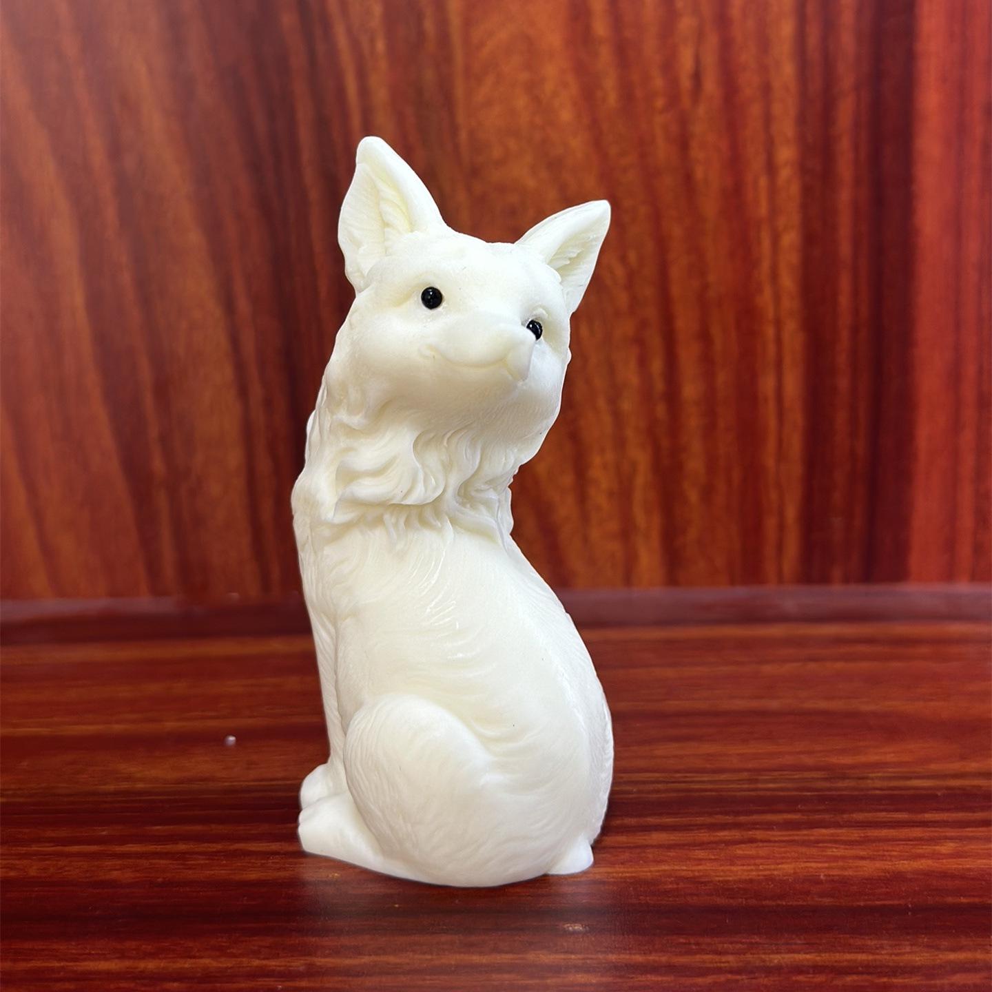 Ivory Nut Carved Fox Ornament - Moon Gazing, 9.2x5.2x4cm, Desktop/Living Room Decor