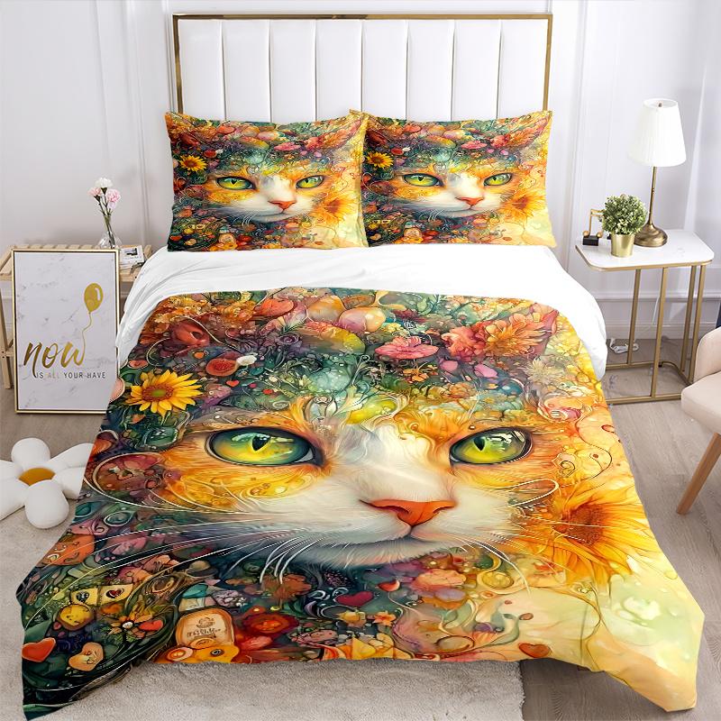 3pcs Noble Cat Art Design Bedding Set - 1 Soft Quilt Cover + 2 Pillowcases, Machine Washable - Suitable for All Seasons, Perfect Gift for Fa