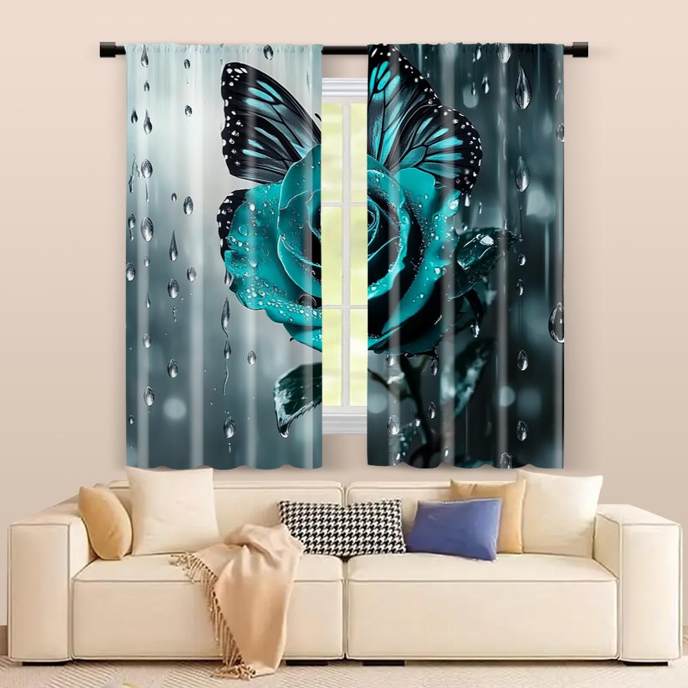 2 Stück, Filtervorhänge (ausgenommen Stangen, unbeweglich, ohne Batterien) Eine türkisfarbene Rose und ein Schmetterling zur Verwendung in Schlafzimmern