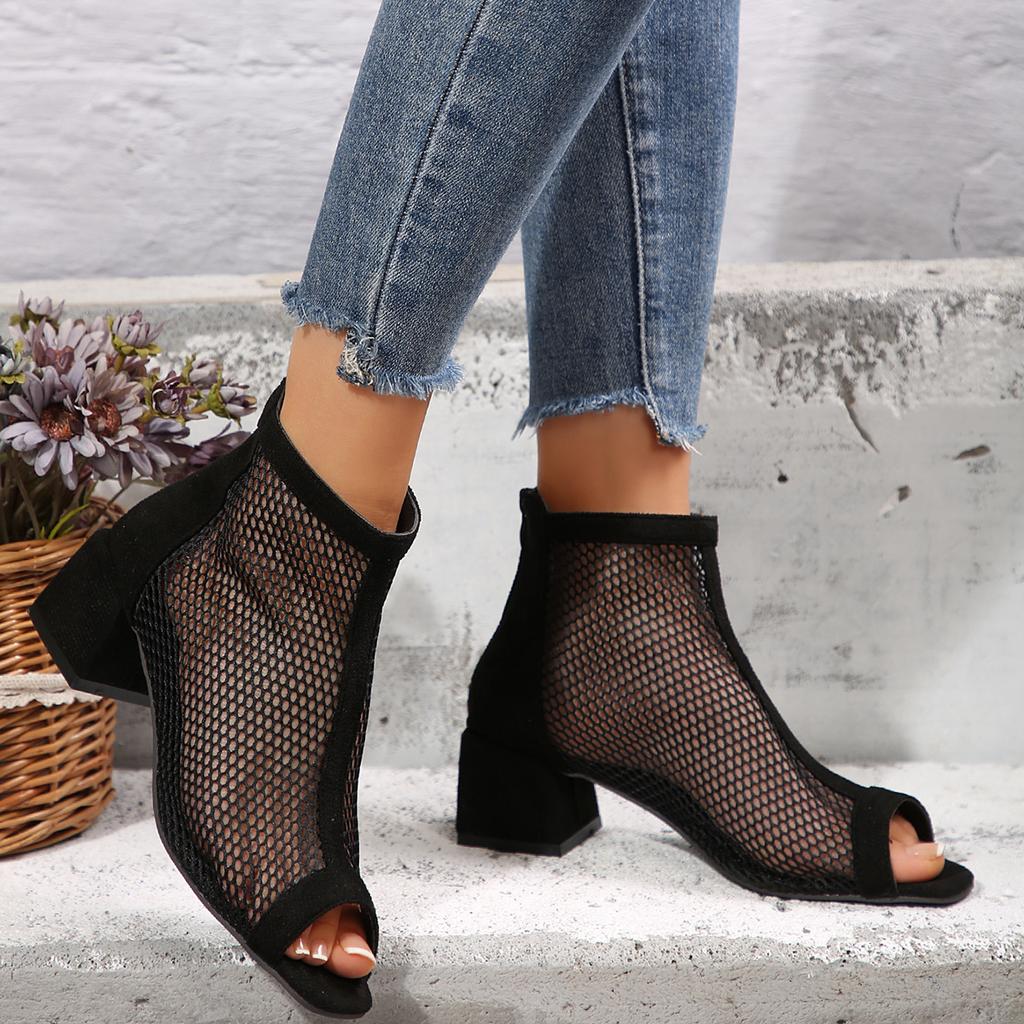 Modische Sportliche Sexy Mesh Hollow Ankle Boots in Übergröße für Damen, Einfarbig, Quadratischer Dicker Absatz, Designerschuhe, Lässige Sandalen für Damen