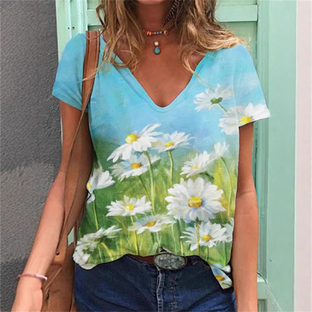 Summer V-neck 3D Cat Flower Colorful Printed Top Fashionable Casual Short Sleeved Women's T-shirts