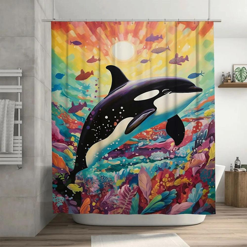 Bright Blue Whale Shower Curtain Underwater Ocean Life Print For Bathroom Decor Extra Long Water Repellent Fabric