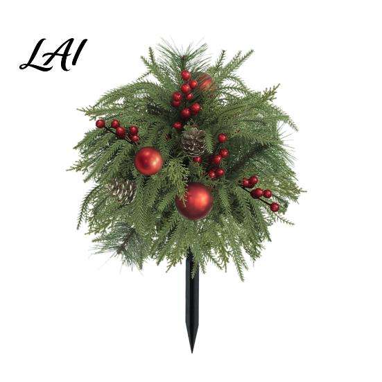 Outdoor Patio Christmas Accents Artificial Poinsettia Flower Yard Stake Red Floral Ground Spike Decor Potted Pine for Weather‑Resistant Fake Plant