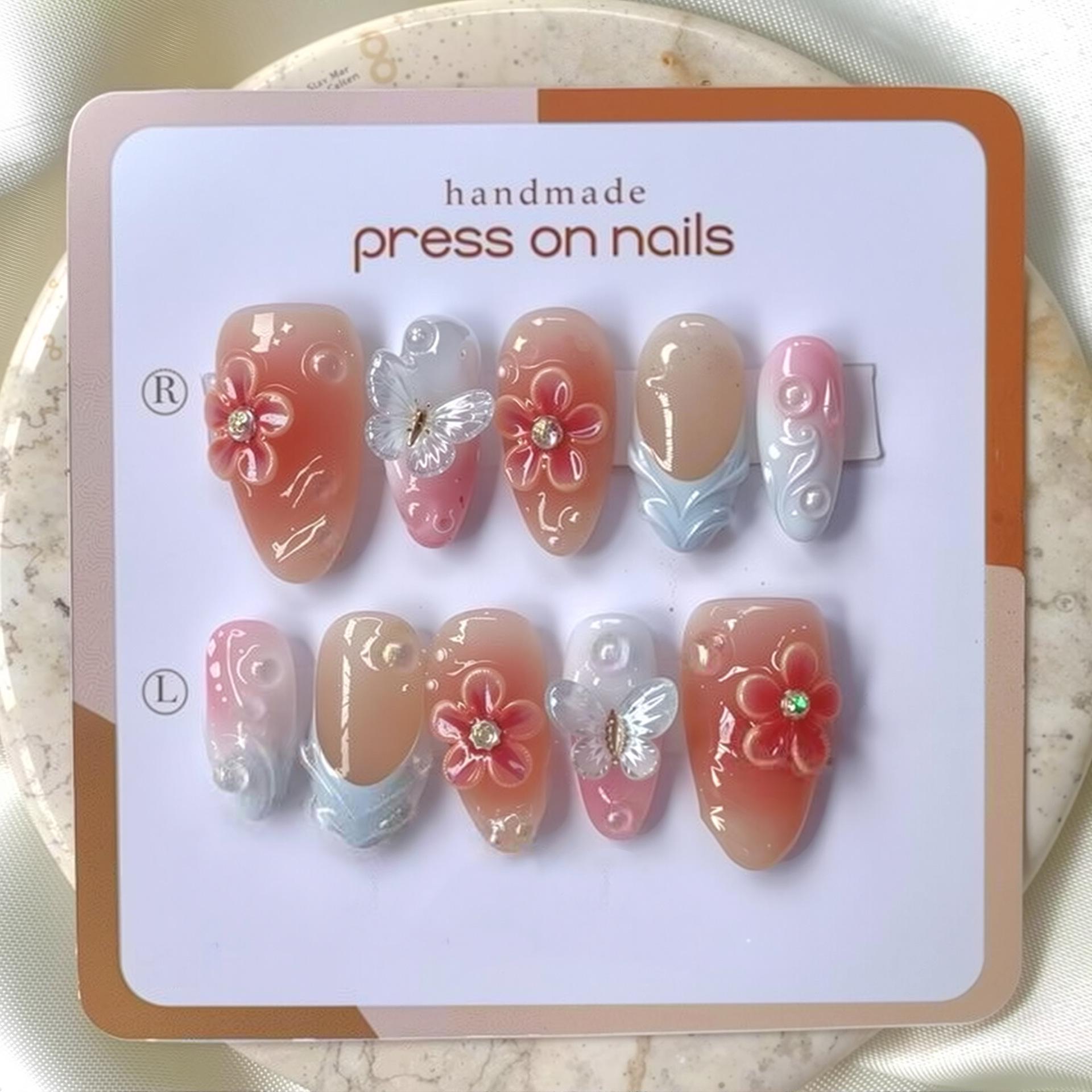 30-Piece 3D Pink Gradient Flower Nail Art Set - Rainbow French Almond Style