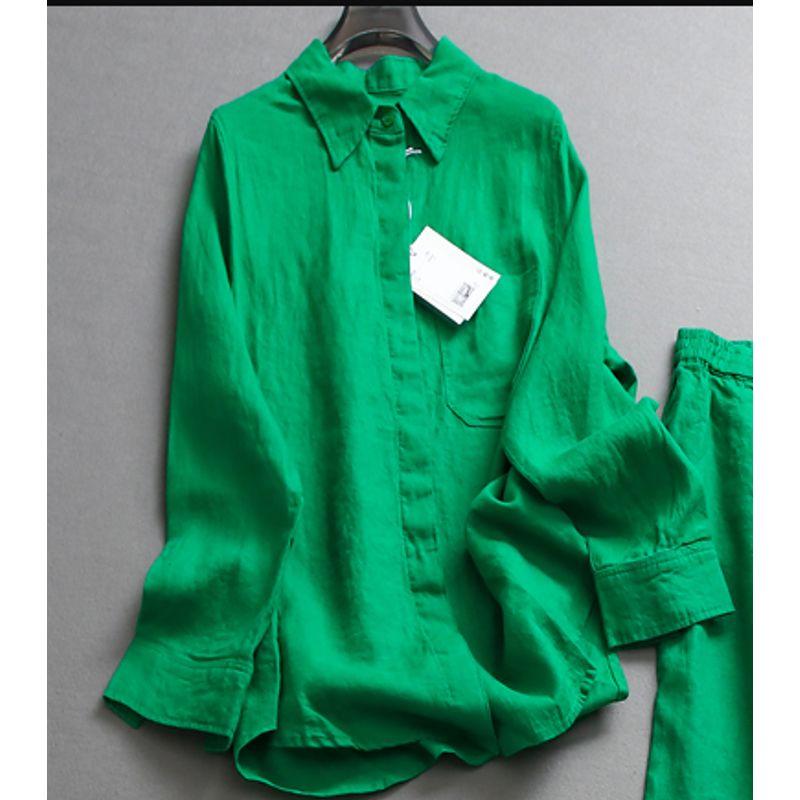 

Solid Cotton and Linen Loose Lapel Long sleeve Commuter Leisure Shirts Can Match A Complete Set Casual Pants Women s Suit Z103 Green Tops 34