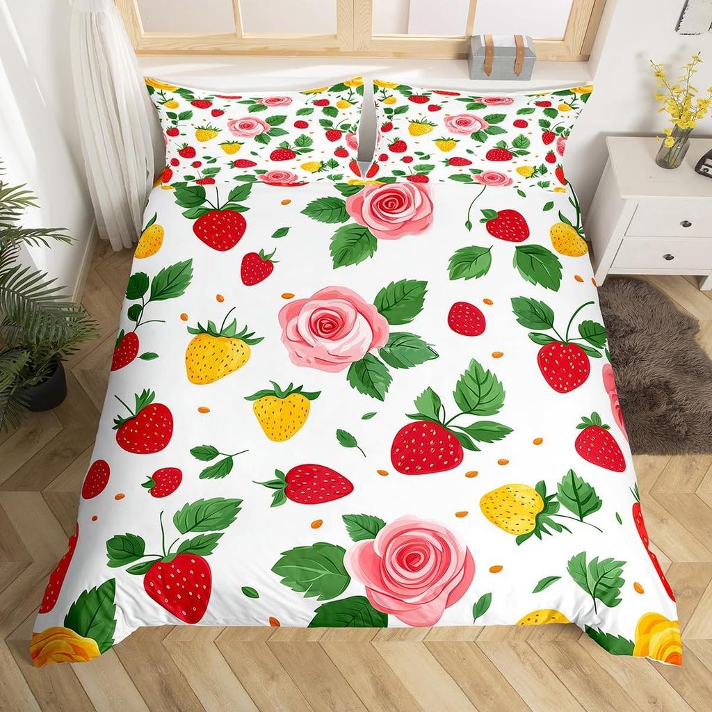 Cute Strawberry Duvet Cover Full King,Flower Leaves Tropical Fruit Bedding Set,Garden Rustic Plants Watercolor Chic Quilt Cover