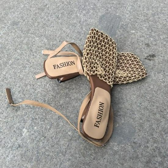 2025 Summer Retro Woven Chunky Heel Square Toe Women's High Heel Sandals