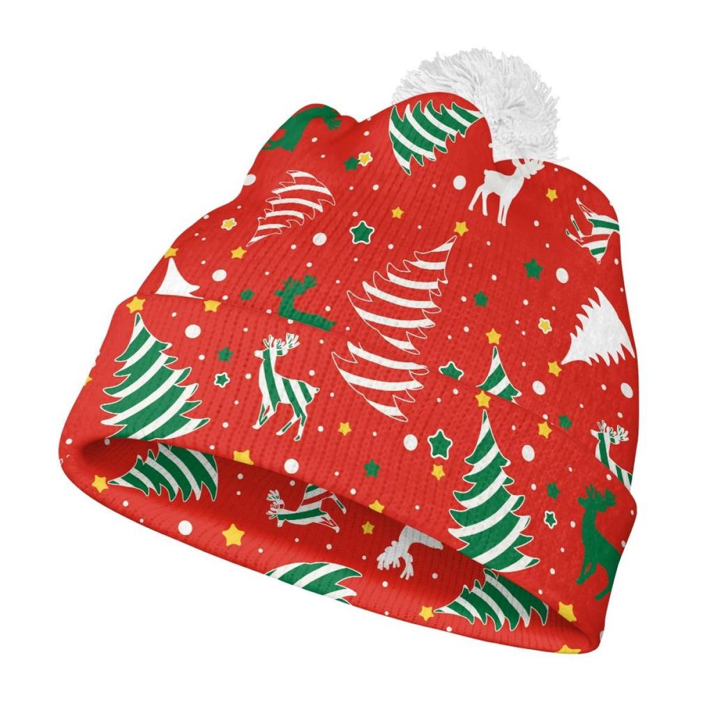 Christmas Pom Pom Knit Hat - Unisex Winter New Year Red Hat