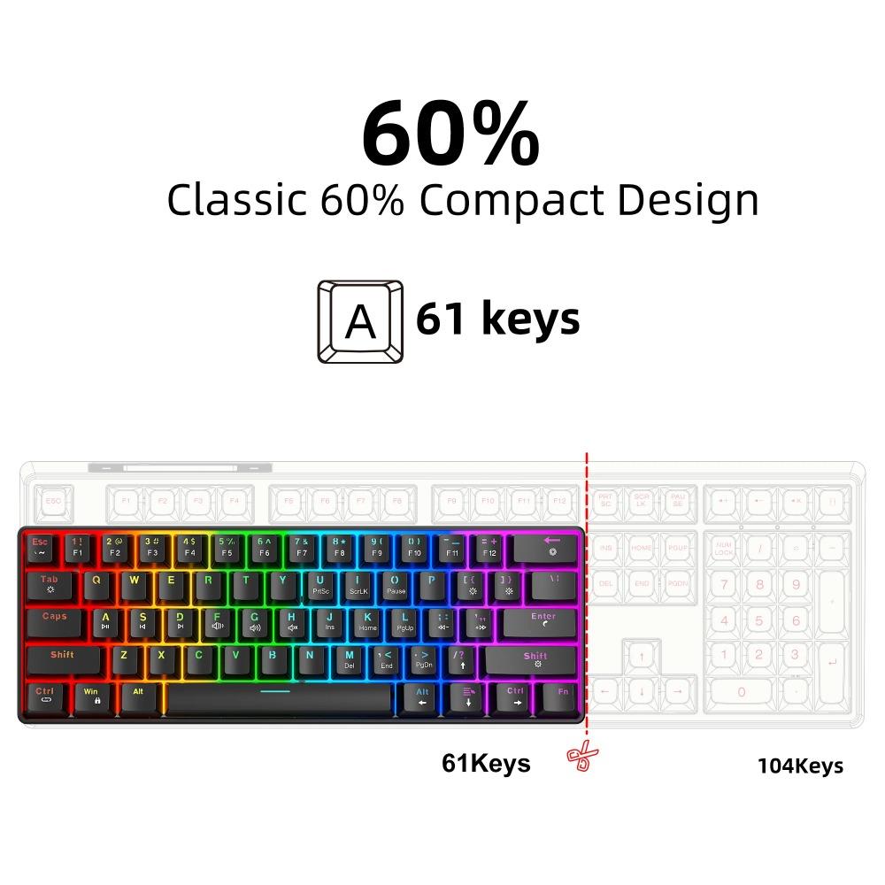 V900 61 Keys Wired Mechanical Gaming Keyboard, Red Switch, RGB Backlit, Ultra-Compact Mini Portable Hot-Swappable Keyboard