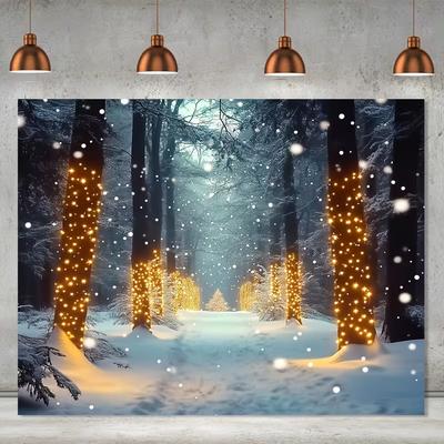 2D Magical Night Snowy Forest Glowing Light Tree Tapestry Holiday Home Decor Background Fabric