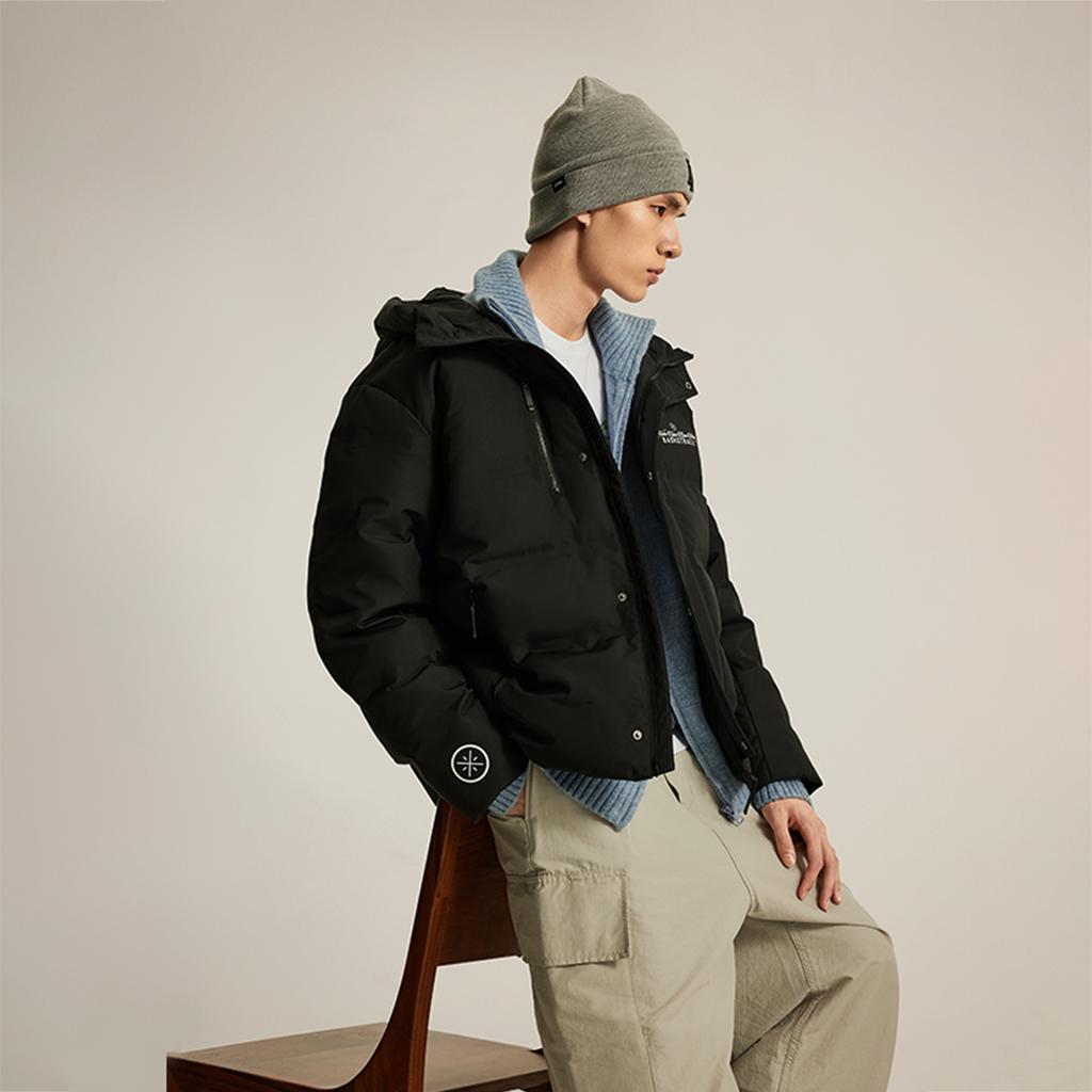 Li Ning Wade Series Water-Resistant Letter Print Hooded Versatile Cold-Resistant Casual Zipper Short Winter Down Jacket Men Jacket Black AYMU003-1
