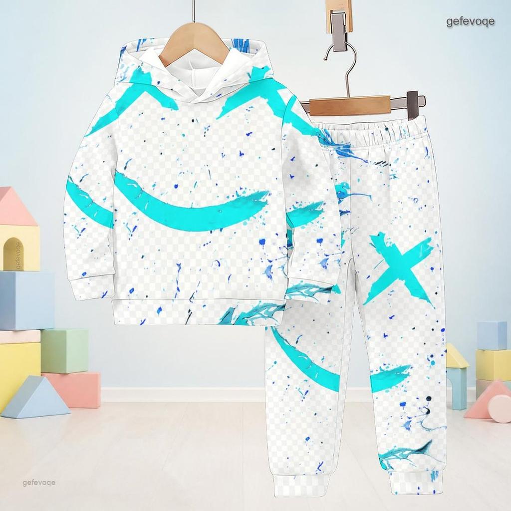 Kids Printed Hooded Long Sleeve Sweatshirt Cuffed Pants Two Piece Set Blue Pink White