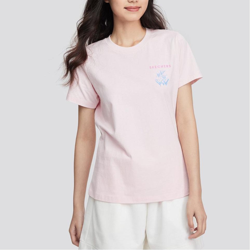 Skechers Dopamine Breathable Logo Casual Comfortable Sports Floral Print Round Neck Short Sleeve T-Shirt Women T-Shirts Chalk-Pink L224W098-01SX