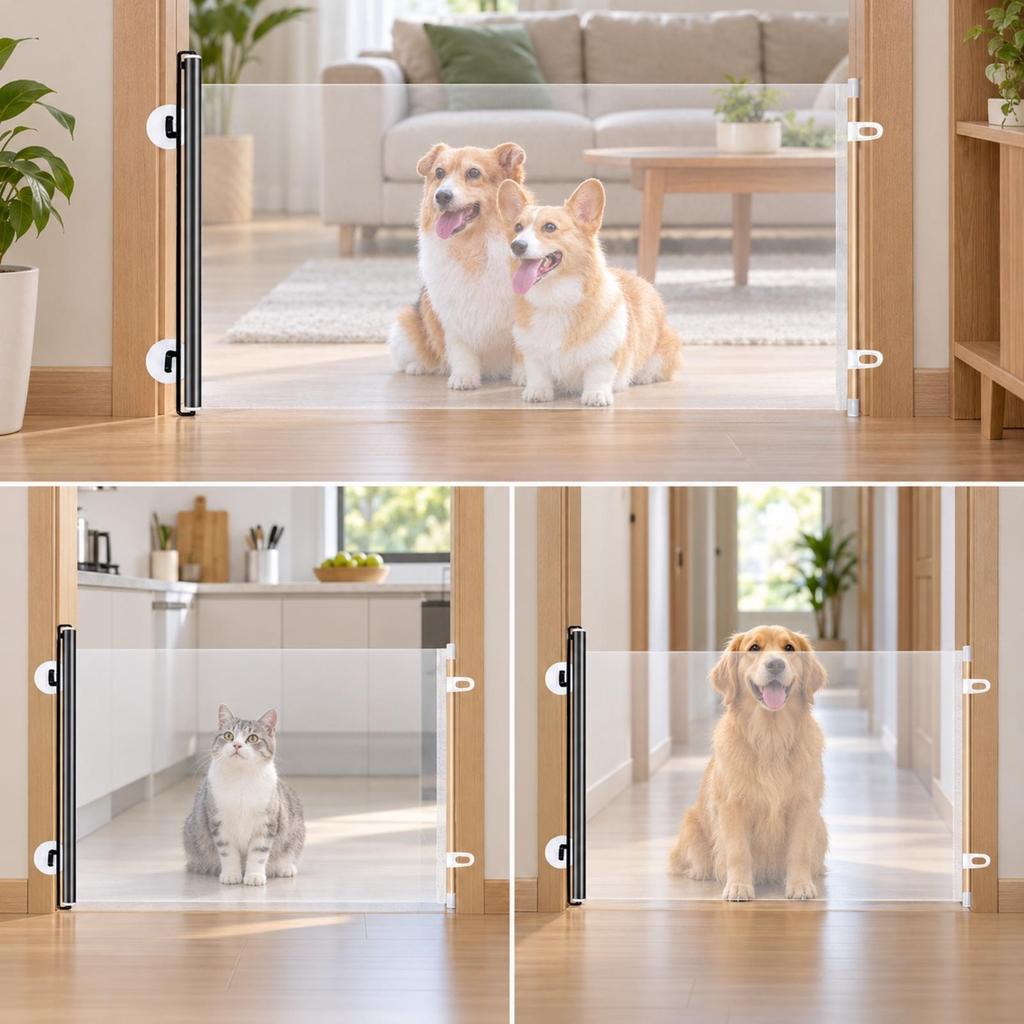 Retractable Pet Barrier Transparent Dog Gate with Hooks Extendable for Hallways