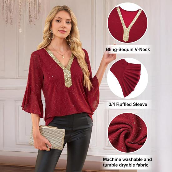 Damskie Topy z Falbankami i Rękawem 3/4 Błyszczące cekinowe z Dekoltem V Codzienna Bluzka Jesień Lato Eleganckie Błyszczące Koszule do Ślubu Biznesu Pracy