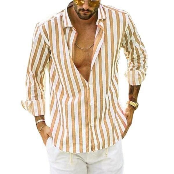 Men Fashion Vertical Striped Long Sleeve Casual Button Down Dress Beach Shirt